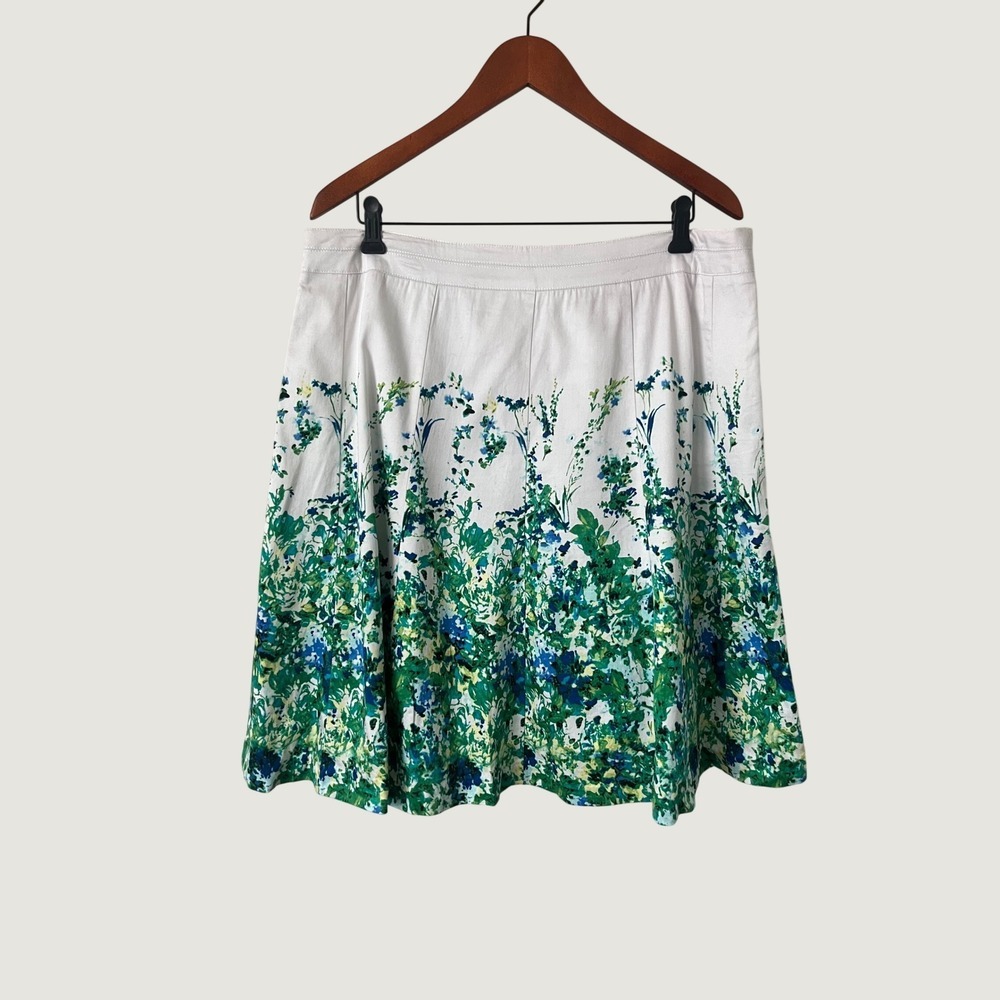 Cleo Womens White Floral A-Line Skirt Green Blue Botanical Print Size 14 Knee